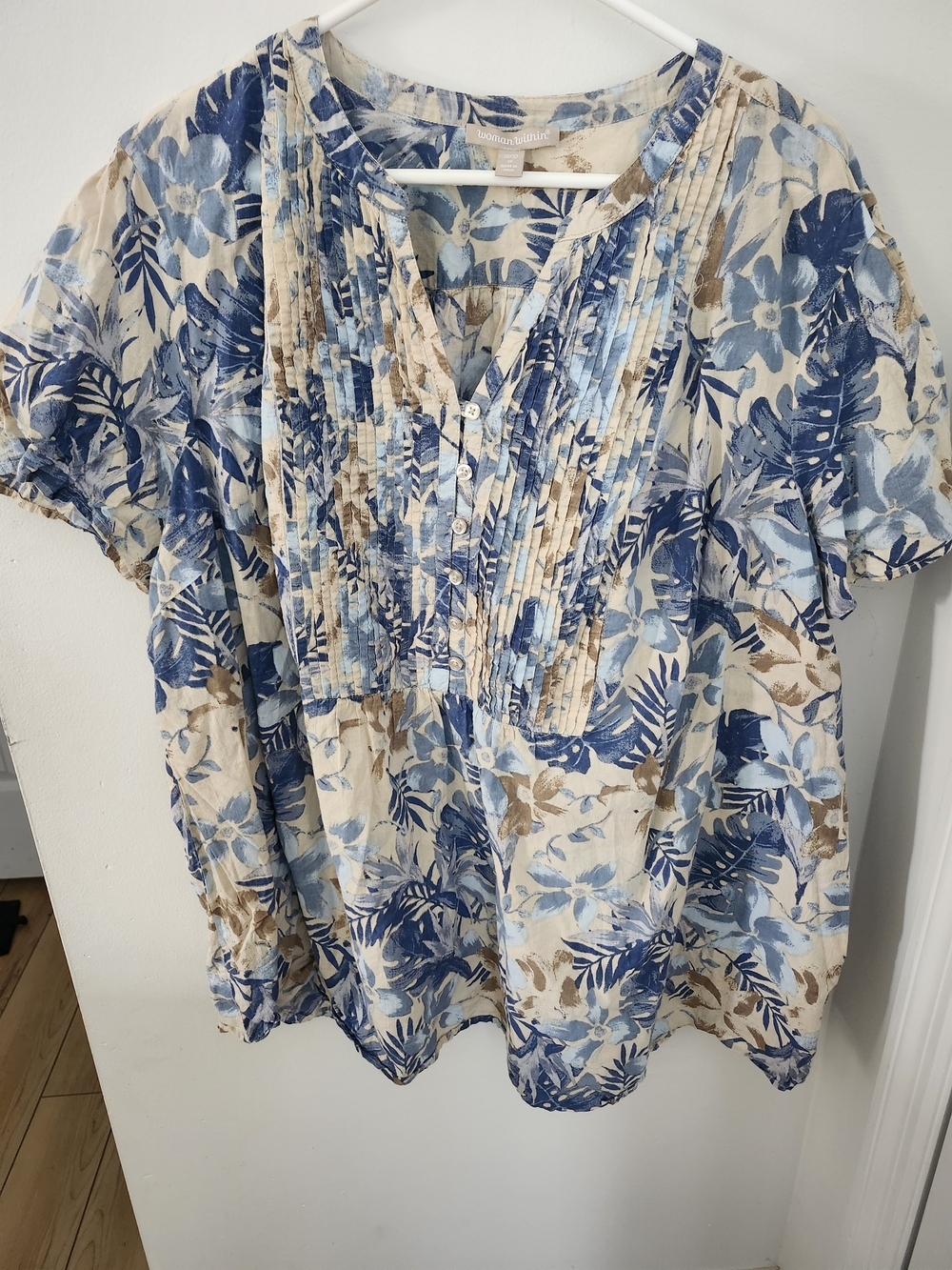 Woman Within Blue and Cream Floral Pintuck V-Neck Blouse